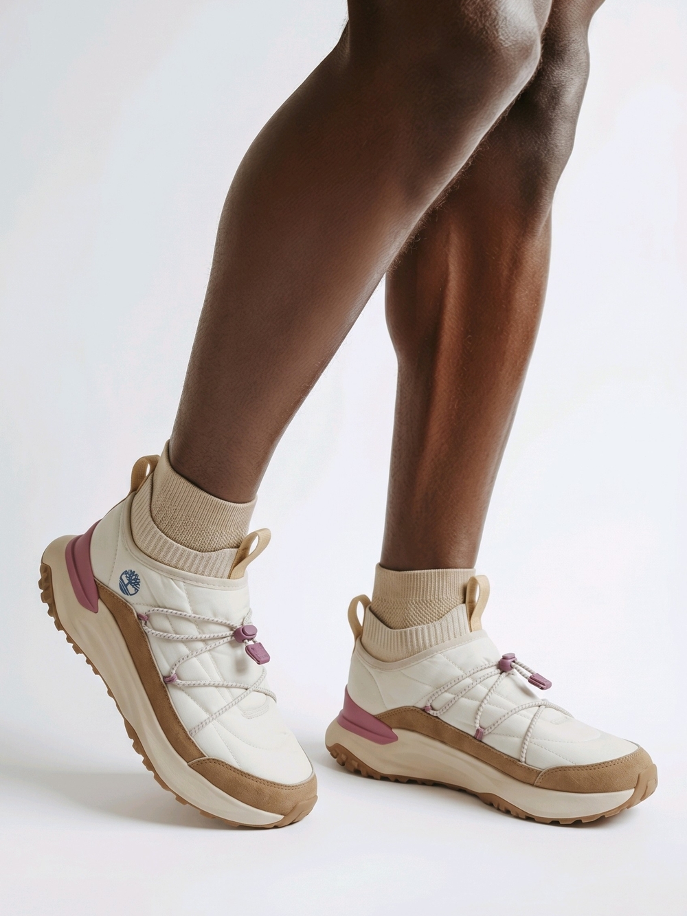 Timberland Cream and Tan High-Top Sneakers with Pink Accents